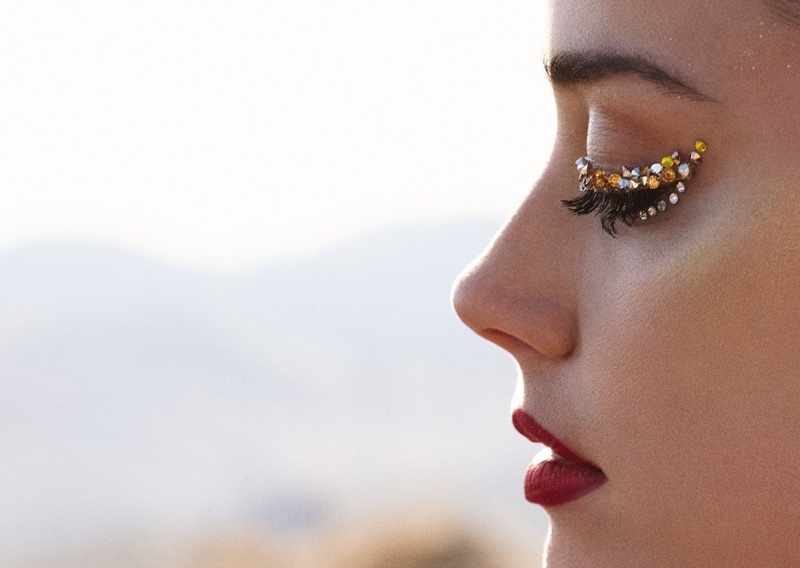 Ready for her closeup, Amber Heard wears red lipstick and crystal embellished eye makeup