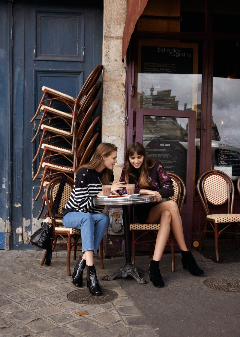 (Left) & Other Stories Stripe Knit Sweater, Straight Denim Jeans and Large Frill Hobo (Right) & Other Stories Flower Knit Jacquard Sweater and Frill Suede Ankle Boots