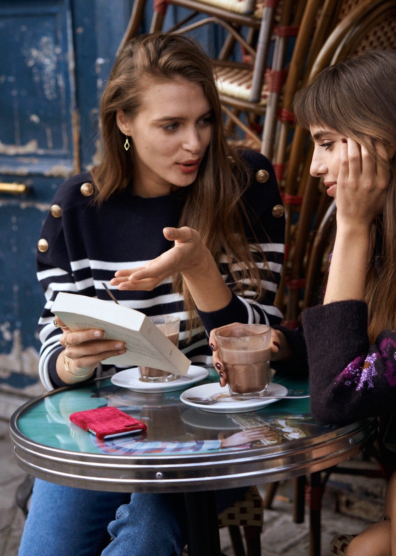 (Left) & Other Stories Stripe Knit Sweater and Straight Denim Jeans (Right) & Other Stories Flower Knit Jacquard Sweater and Velvet iPhone 7 Case