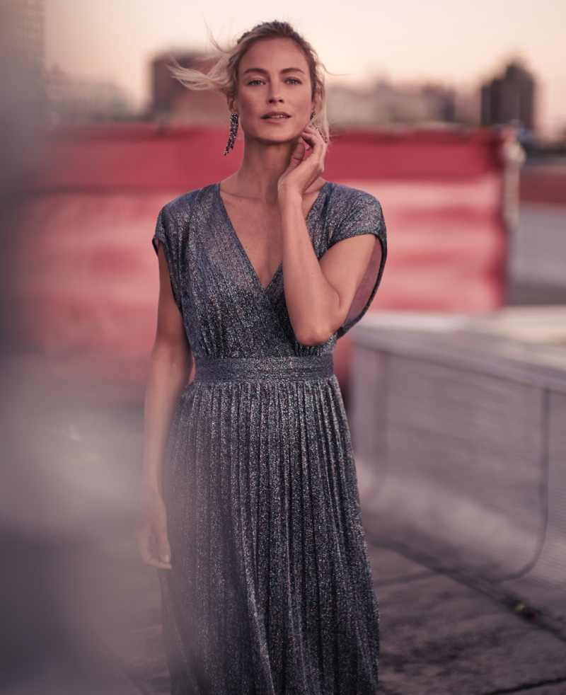 Model Carolyn Murphy shines in metallic dress for Anthropologie’s November 2017 catalog