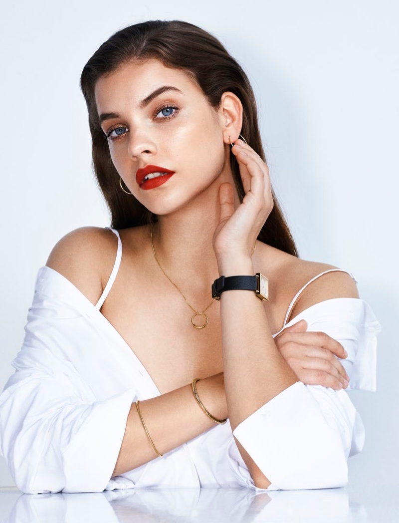 Barbara Palvin wears red lipstick in Pilgrim Jewellery spring-summer 2018 campaign