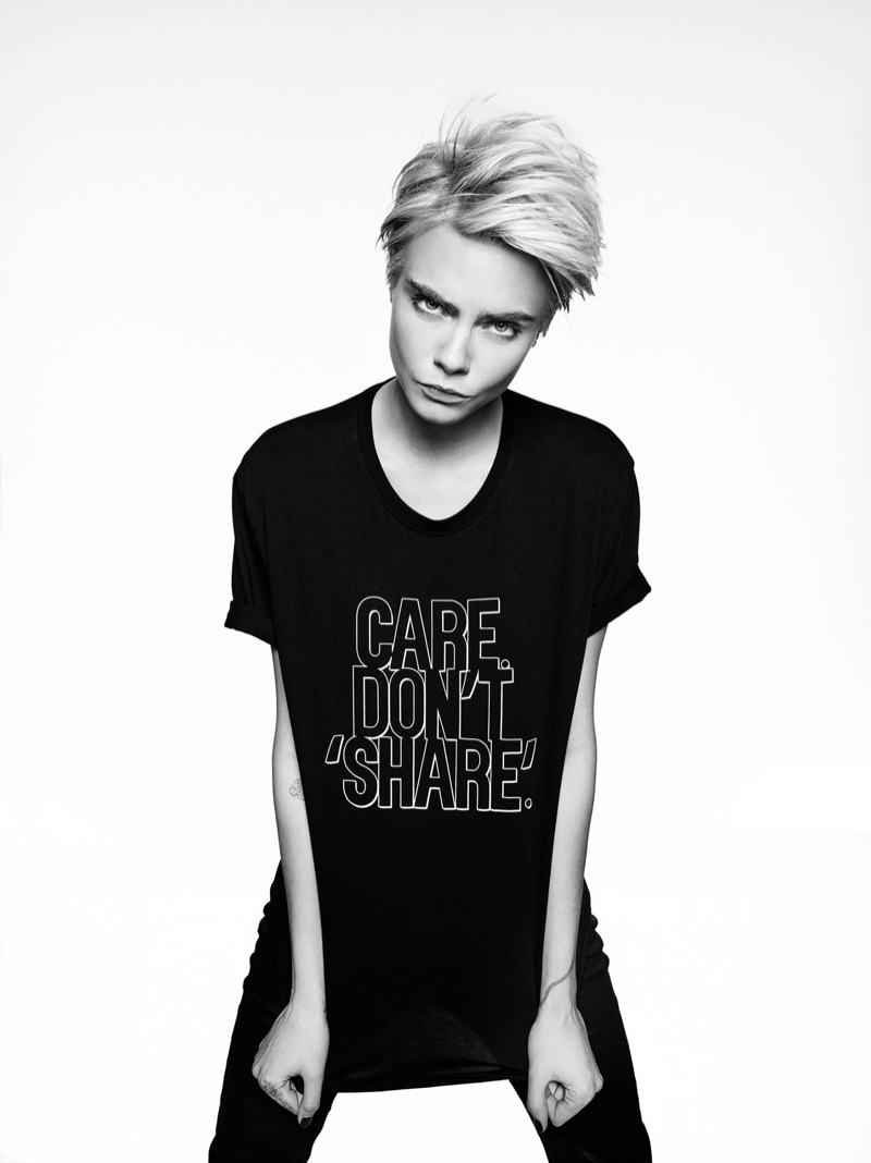 Cara Delevingne poses in Armani Exchange Statement Tee campaign