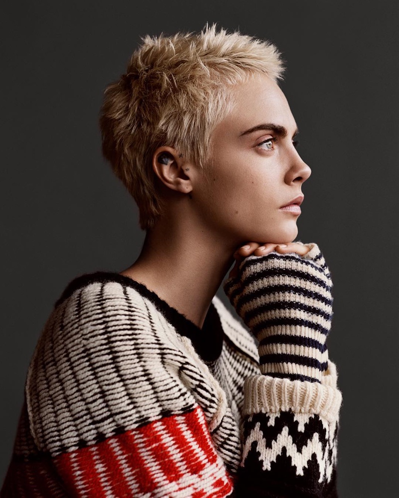 Cara Delevingne wears Fair Isle knit sweater in Burberry’s Holiday 2017 campaign