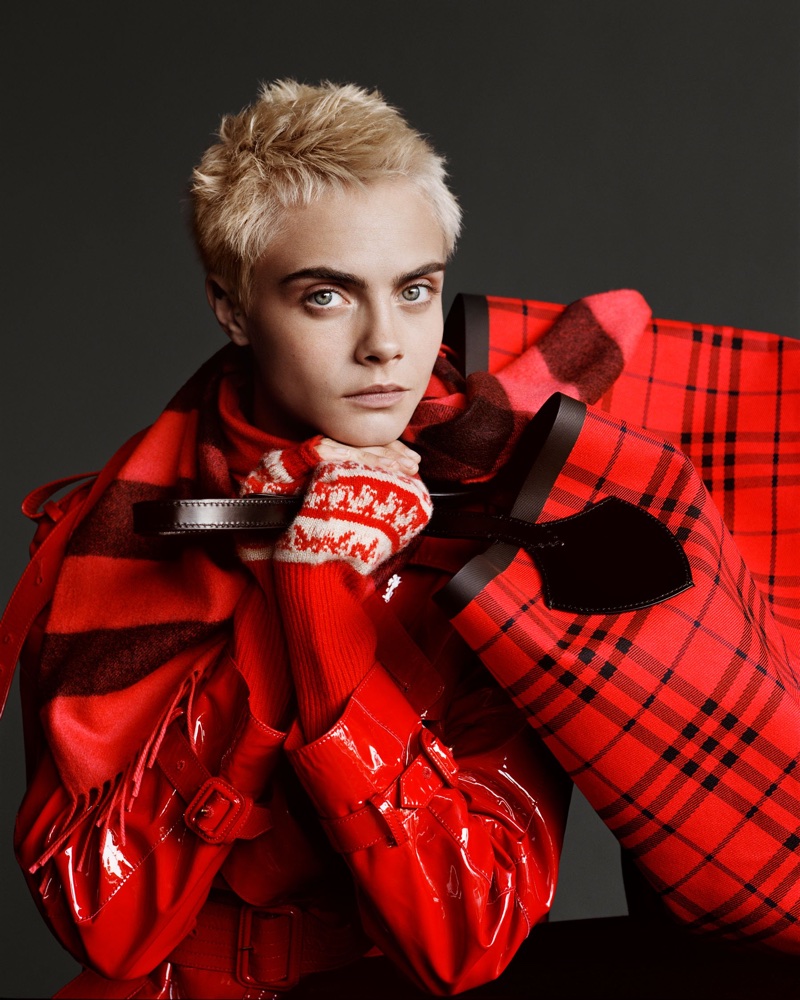 Model Cara Delevingne embraces red plaid in Burberry's Holiday 2017 campaign