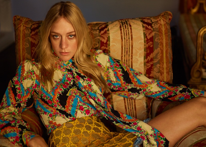 Embracing retro prints, Chloe Sevigny poses in Gucci blouse and skirt