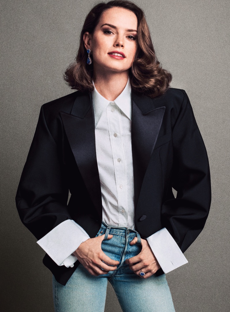 Daisy Ridley poses in Louis Vuitton shirt and jacket