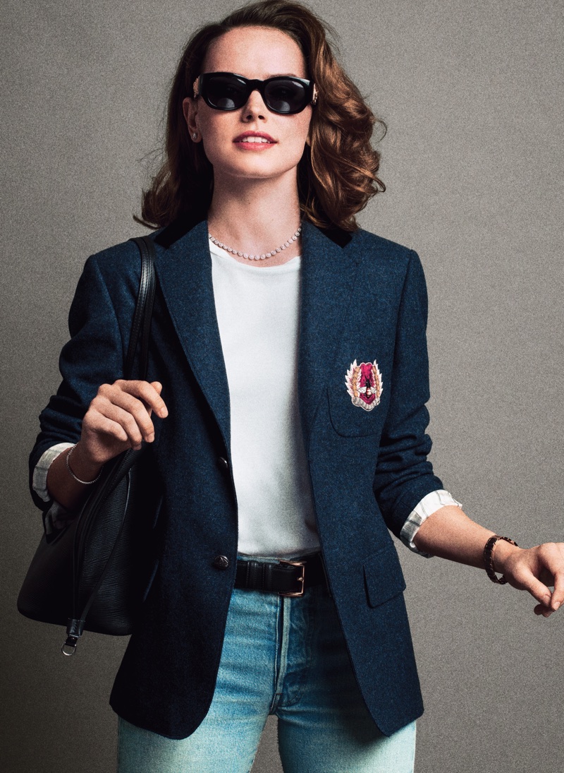 Actress Daisy Ridley wears Gucci jacket, The Row t-shirt and vintage jeans