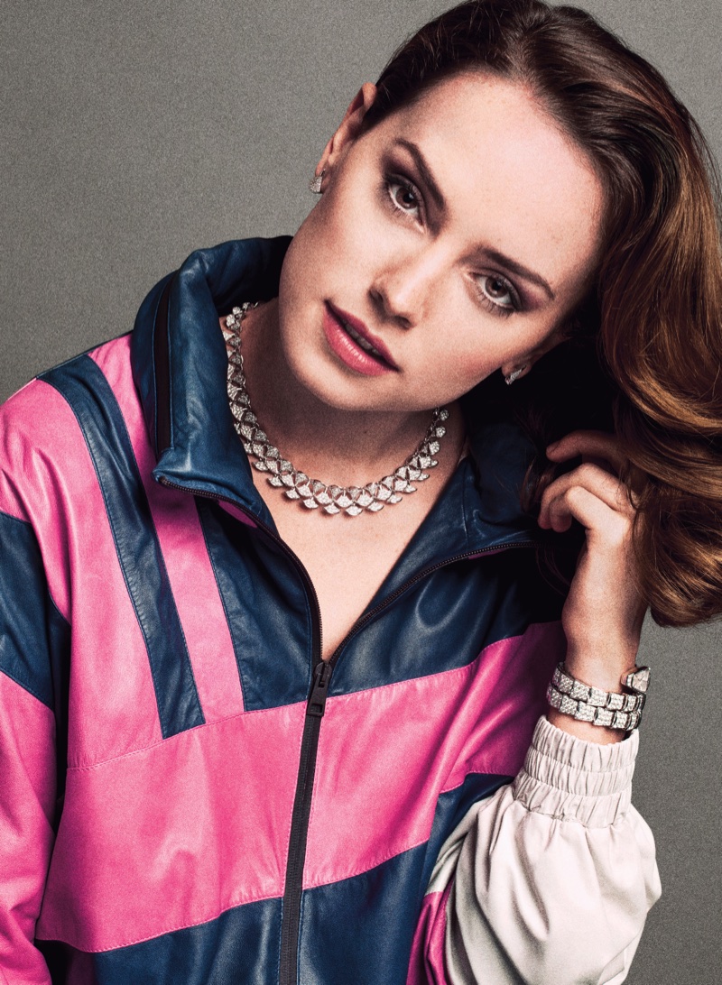 Daisy Ridley wears Fendi jacket with Bulgari earrings, necklace and bracelet