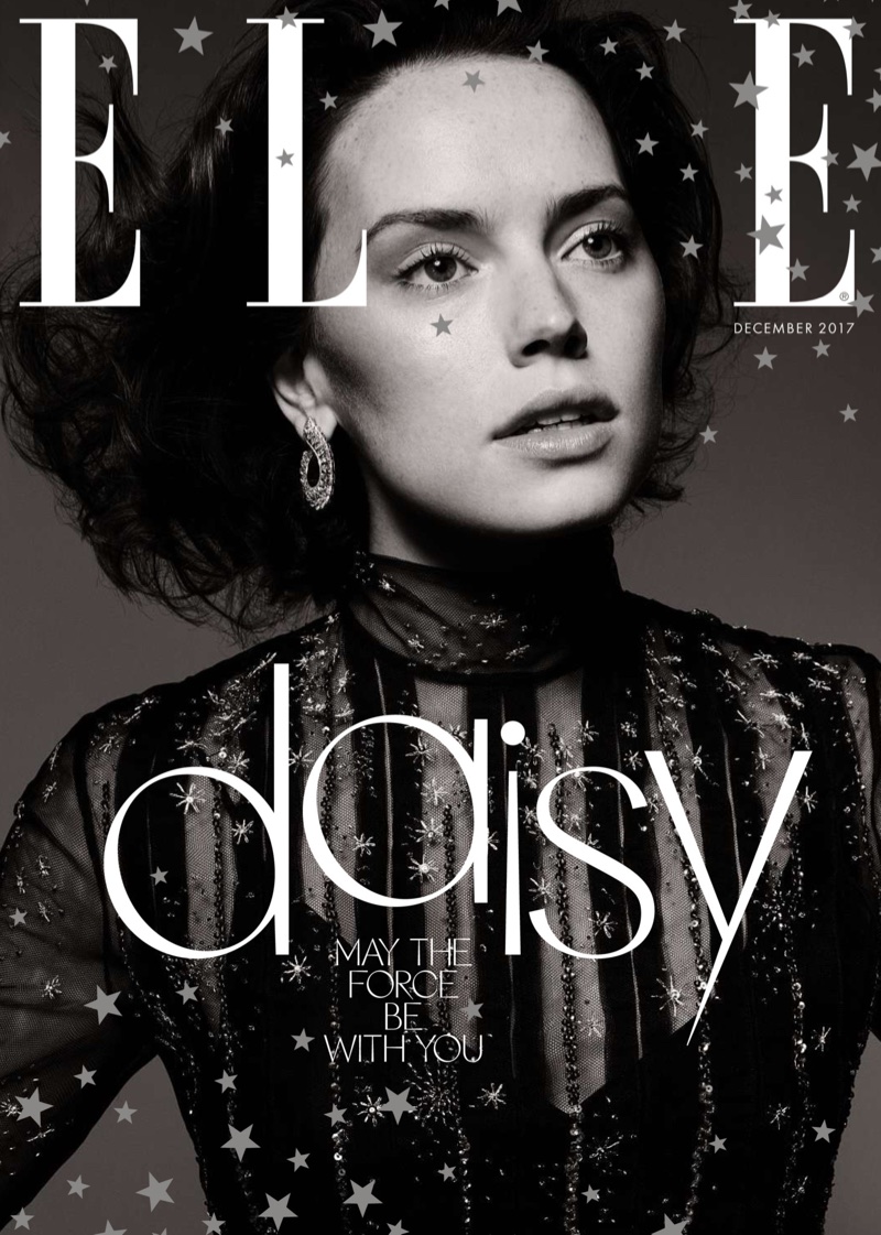 Daisy Ridley poses in Dior dress on ELLE UK December 2017 cover