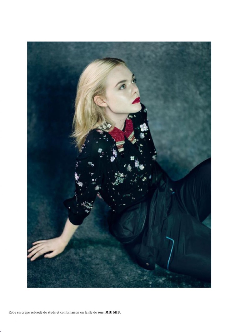 Elle Fanning wears embroidered Miu Miu look