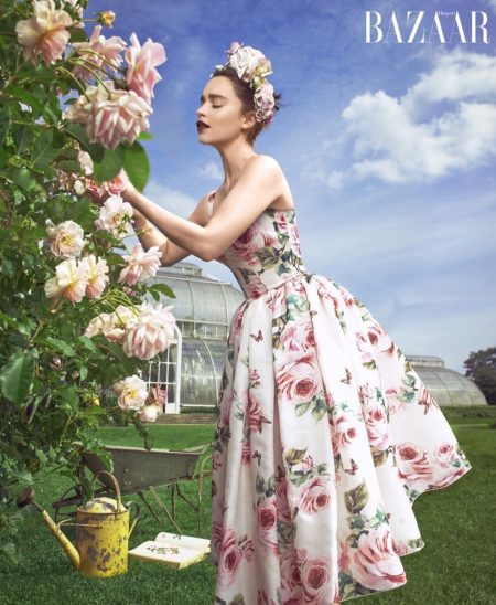 Emilia Clarke Wears Elegant Florals for Harper's Bazaar Tending flowers, Emilia Clarke poses in Dolce & Gabbana dress and Eric Javits headpiece