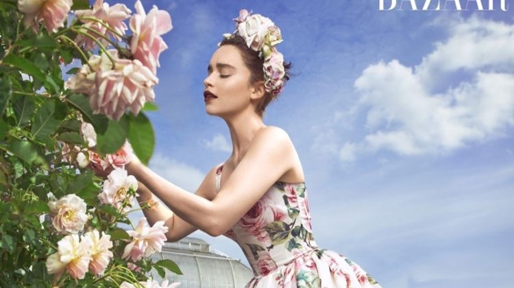 Tending flowers, Emilia Clarke poses in Dolce & Gabbana dress and Eric Javits headpiece