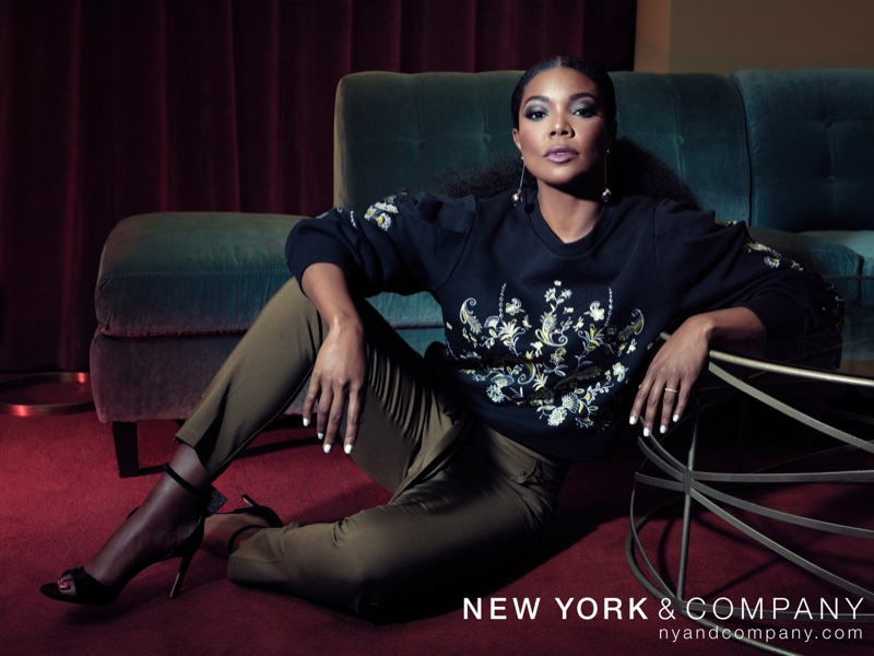 Gabrielle Union wears New York & Company x Gabrielle Union Embroidered Sweatshirt and Tapered Pant