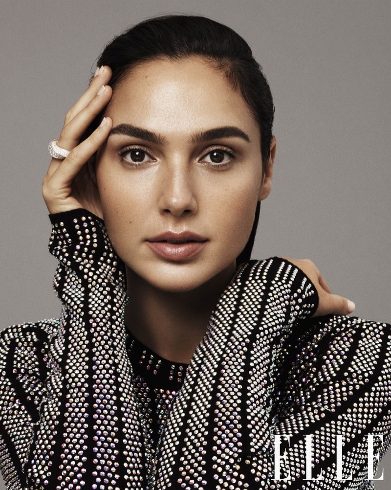 Getting her closeup, Gal Gadot wears Gucci crystal embellished top and Cartier ring