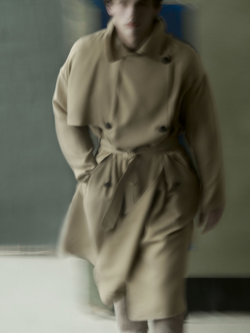 Simon Nessman wears trench coat in Giorgio Armani's spring-summer 2018 campaign