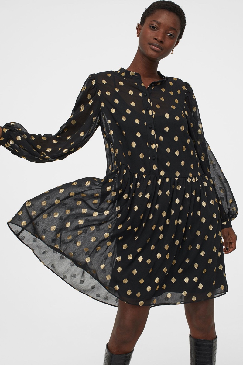 H&M Chiffon Dress in Black/Gold Colored Dots $29.99