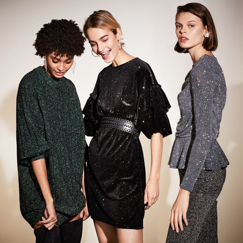 (Left) H&M Glittery Sweater, Suede Thigh-High Boots and Large Earrings (Middle) H&M Glittery Velour Dress and Perforated-Pattern Waist Belt (Right) H&M Glittery Top, Glittery Treggings and Rhinestone Clip Earrings