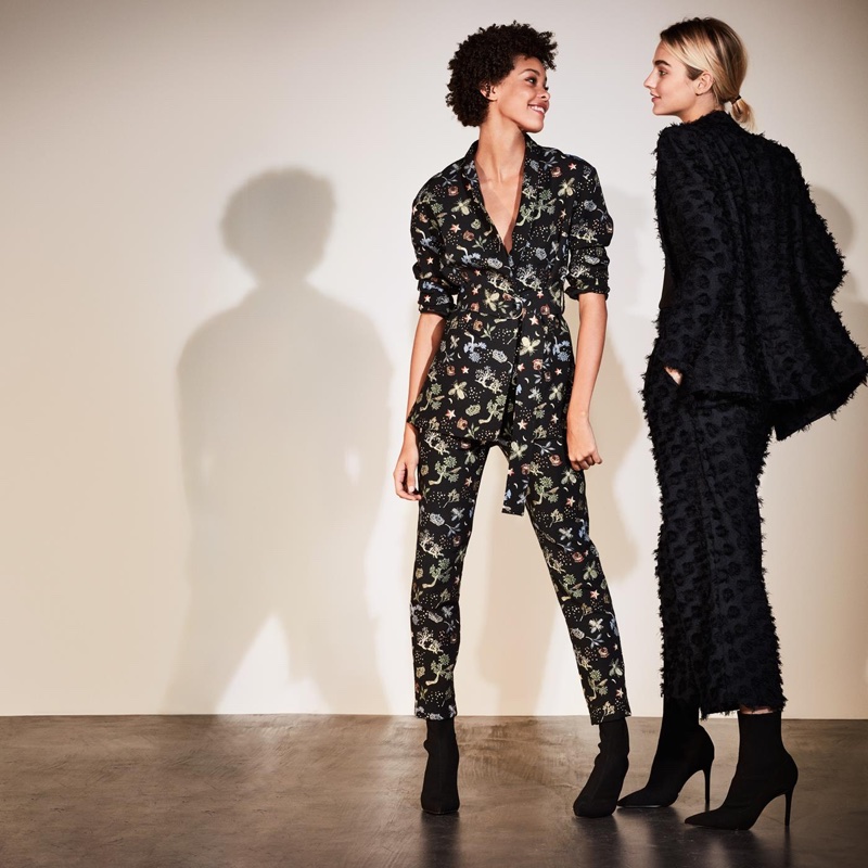 (Left) H&M Embroidered Jacket, Jacquard-Patterned Pants and Jersey Ankle Boots (Right) H&M Double-Breasted Jacket, Wide-Cut Pants and Jersey Ankle Boots