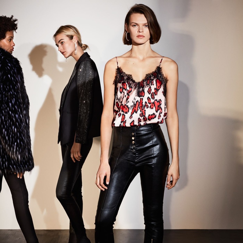 (Left) H&M Faux Fur Coat and Slim Patent Pants (Middle) H&M Glittery Top and Slim Patent Pants (Right) H&M Satin and Lace Camisole Top and Slim Patent Pants