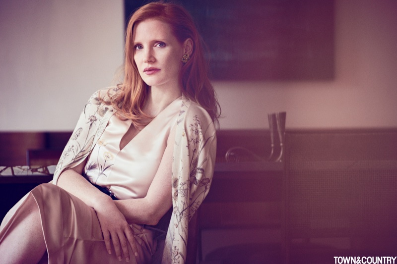 Jessica Chastain wears Bottega Veneta dress and cardigan with Fred Leighton earrings