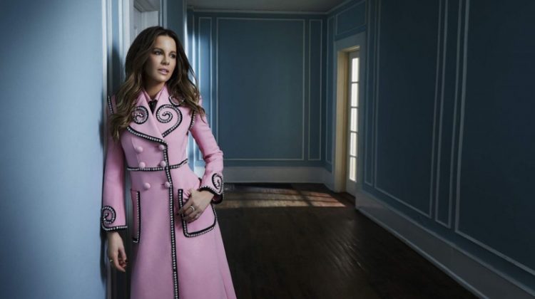 Actress Kate Beckinsale wears Gucci coat and Bulgari rings