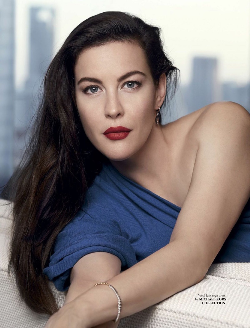 Flaunting some shoulder, Liv Tyler wears Michael Kors Collection toga dress