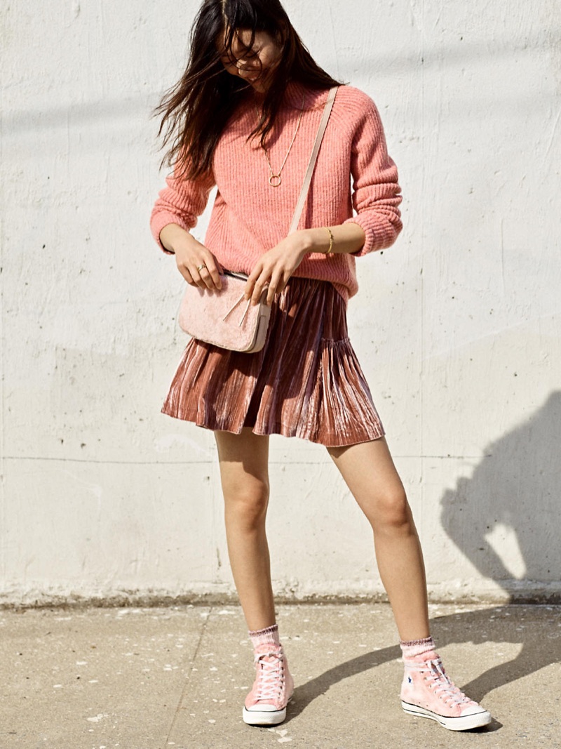 Madewell Northfield Mockneck Sweater, Crushed Velvet Mini Skirt, The Simple Crossbody Bag in Shearling and Converse Chuck Taylor All Star High-Top Sneakers in Faux Fur