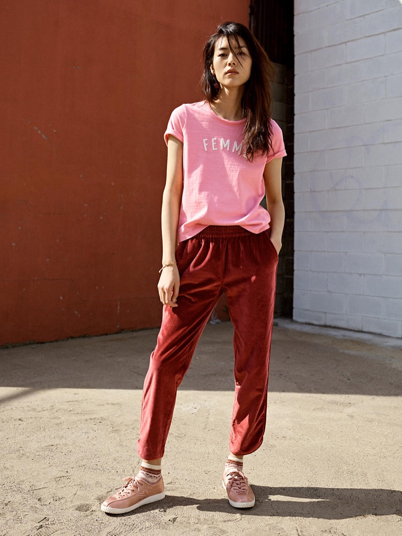Madewell Pink Femme Tee, Track Trousers in Velvet, Fair Isle Ankle Socks and Madewell x Tretorn Nylite Plus Sneakers in Satin