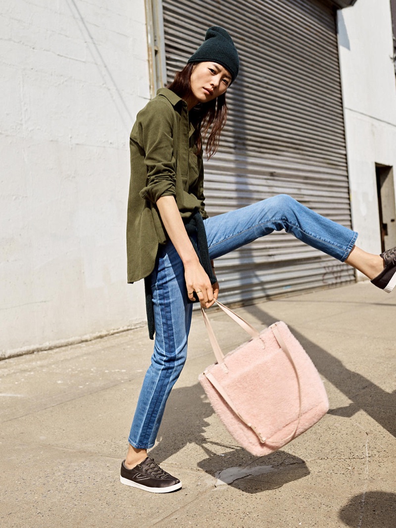 Madewell Flannel Classic Ex-Boyfriend Button-Back Shirt, Inland Turtleneck Sweater (around waist), High-Rise Slim Boyjean: Two-Tone Tuxedo Stripe Edition, Kent Beanie, The Medium Transport Tote in Shearling and Madewell x Tretorn Nylite Plus Sneakers in Satin