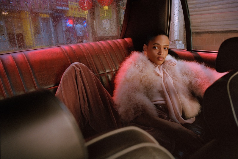 Aya Jones wears pink faux fur jacket in Mango Before Midnight campaign