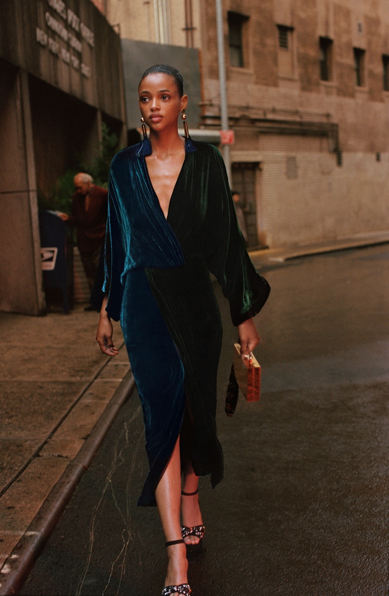 Aya Jones models velvet dress in Mango Before Midnight 2017 campaign