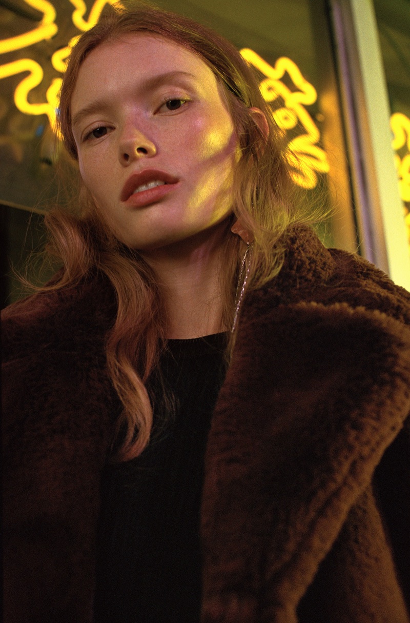 Julia Hafstrom poses in faux fur jacket for Mango Before Midnight 2017 campaign