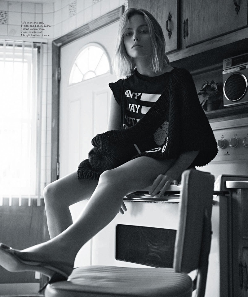 Margot Robbie wears Raf Simons sweater and Helmut Lang t-shirt