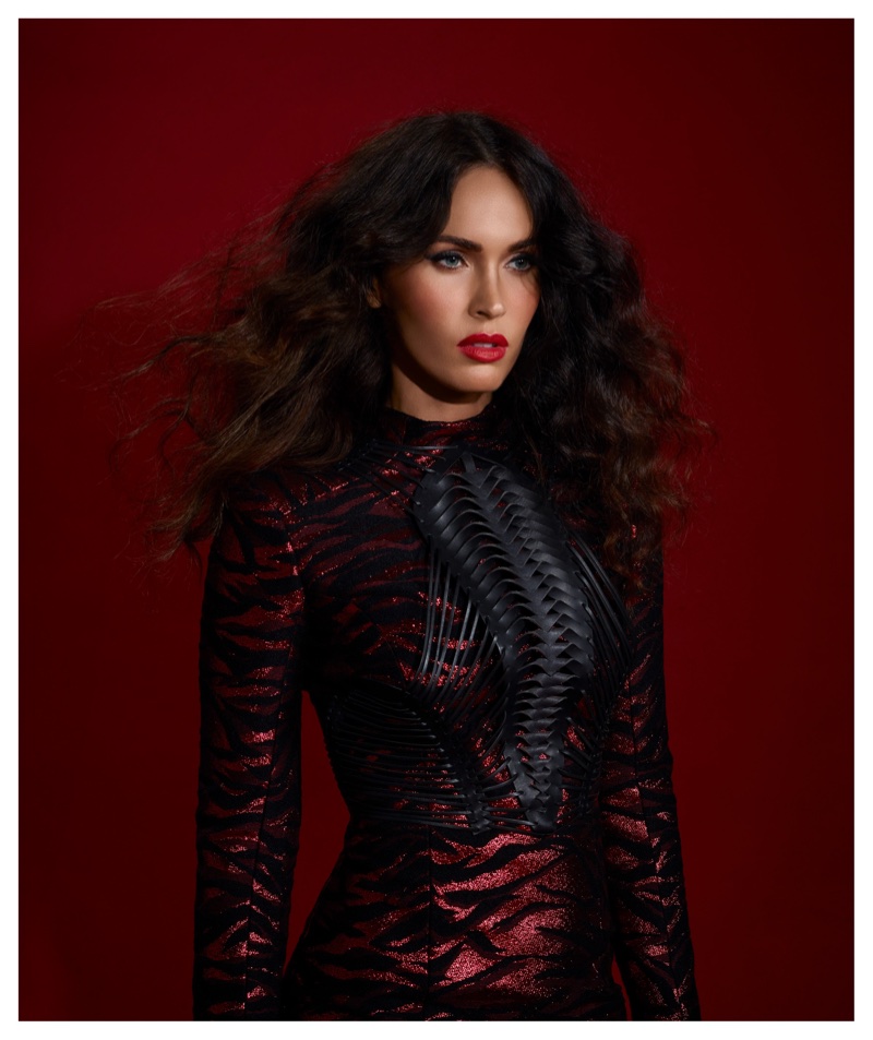 Actress Megan Fox poses in Balmain dress and Yvy harness