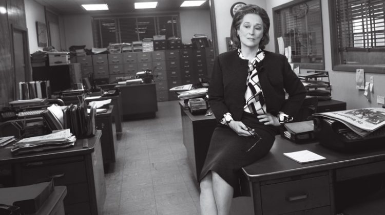 Actress Meryl Streep wears cardigan sweater, print top and mid-length skirt. Photo: Vogue/Annie Leibovitz