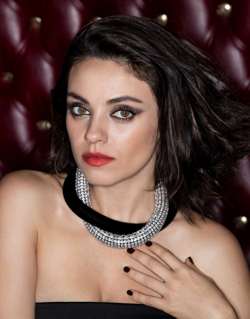 Ready for her closeup, Mila Kunis wears Giorgio Armani dress and Saint Laurent necklace