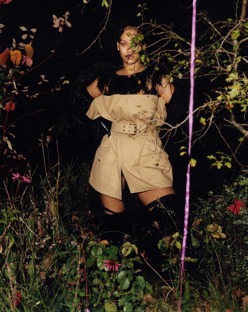 Rihanna poses in Maison Margiela coat and t-shirt with Intimissimi slip