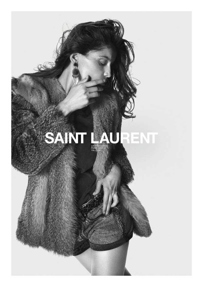 Model Laetitia Casta rocks fur coat in Saint Laurent's spring 2018 campaign