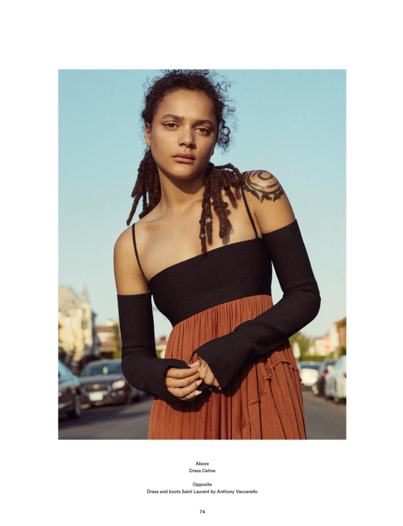 Sasha Lane flaunts some shoulder in Celine dress