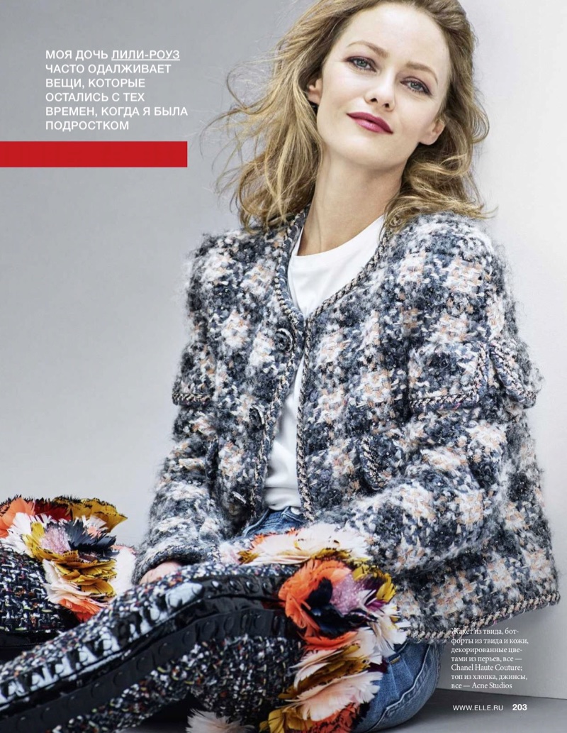 Wearing a tweed jacket and denim, Vanessa Paradis poses in Chanel Haute Couture ensemble