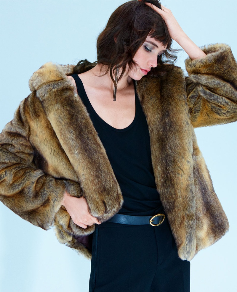 Grace Hartzel sports faux fur coat in Zara Night Out lookbook