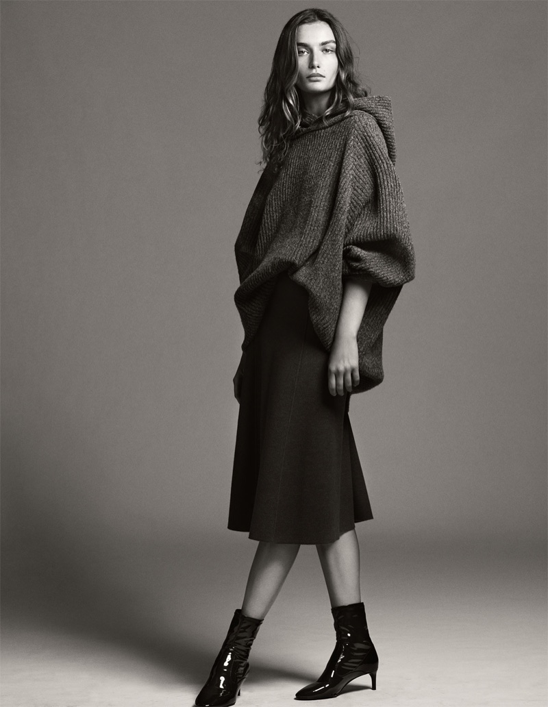 Andreea Diaconu models Zara oversiszed hooded sweater, knit midi skirt and faux patent ankle boots