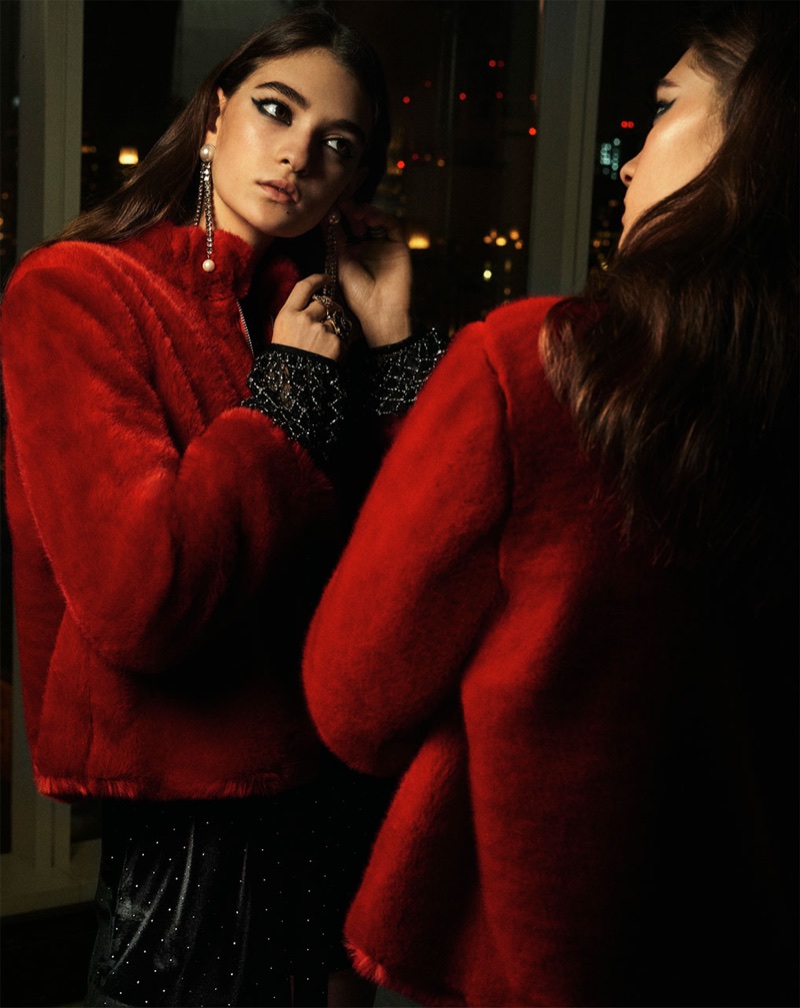 Ratner models in Zara faux fur coat, diamante top and sequined miniskirt