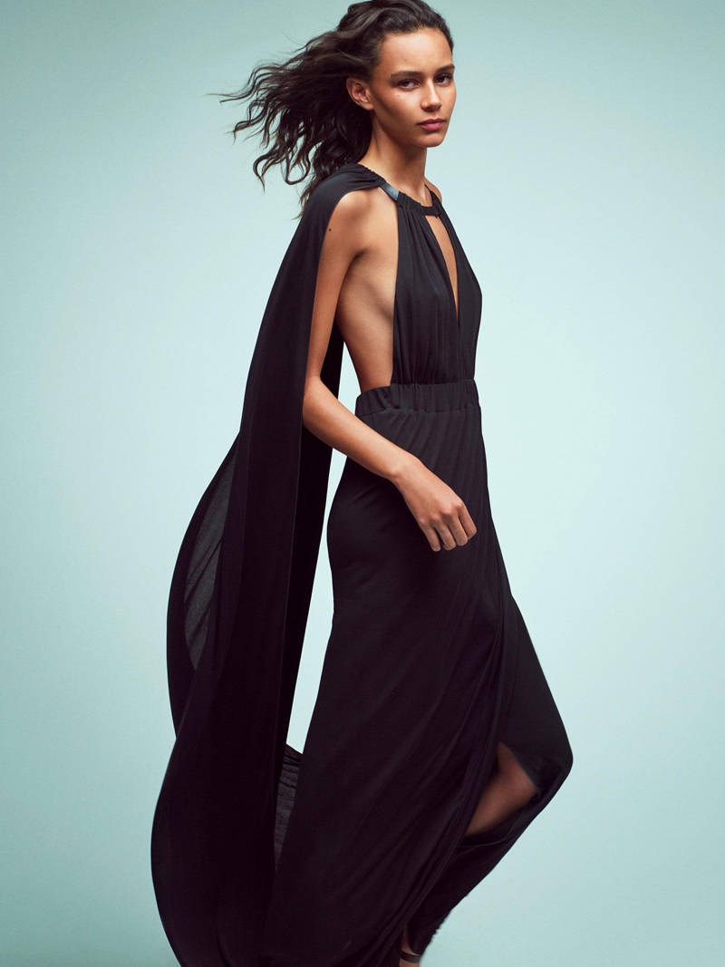 Binx Walton wears a black gown in Alberta Ferretti’s spring-summer 2018 campaign