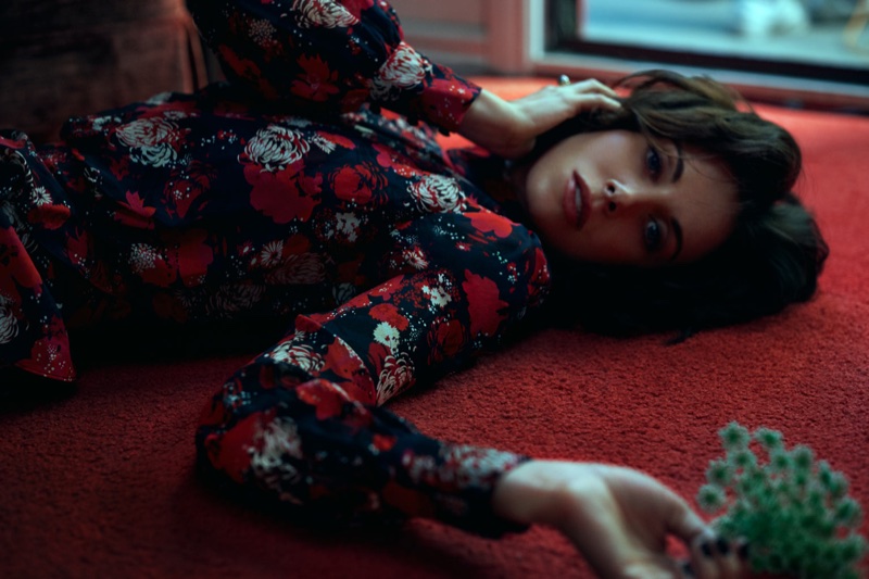 Lounging, Alison Brie poses in Saloni dress with Mizuki ring