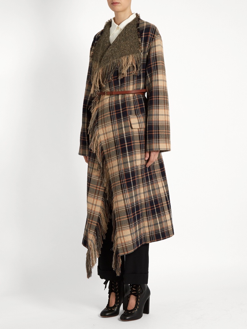 Chloe Fringed Wool and Cotton-Blend Tartan Coat $1,038 (previously $2,595)