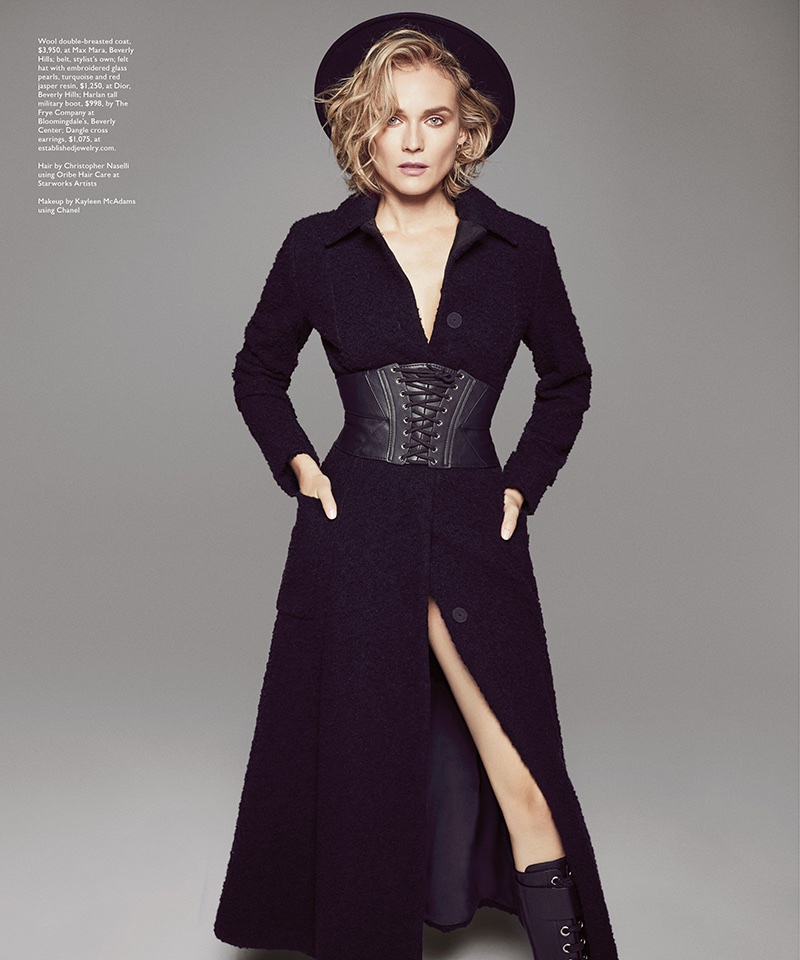 Striking a pose, Diane Kruger wears Max Mara wool coat and Dior hat with Frye Company boots