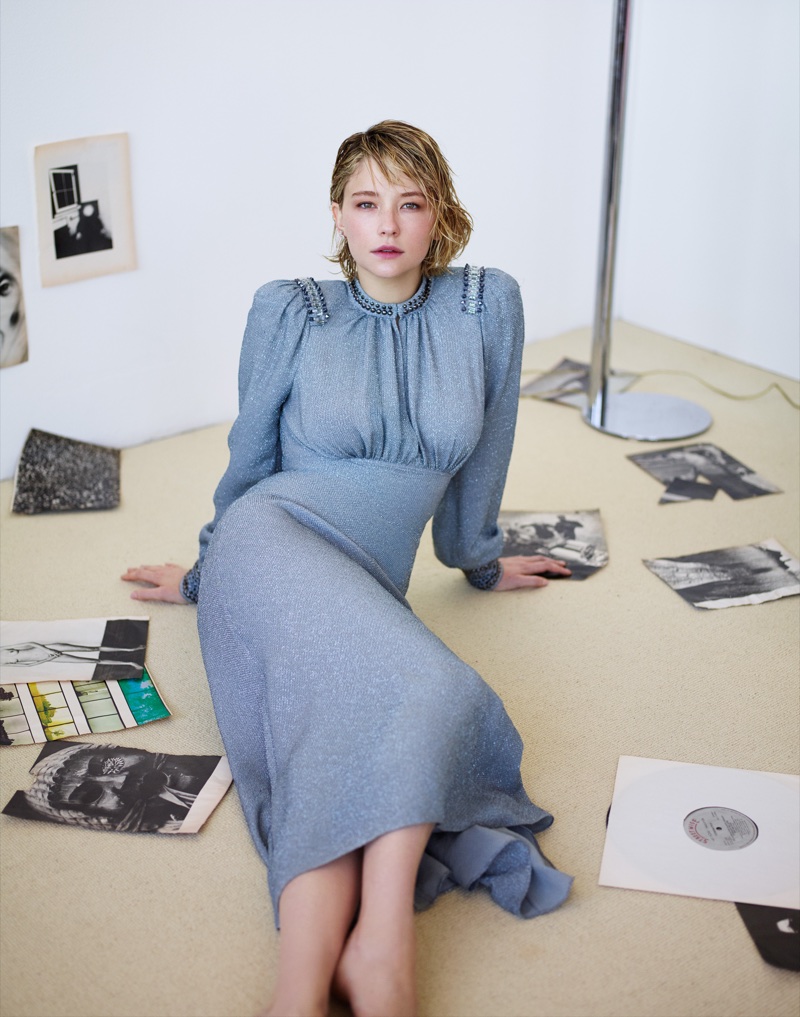 Haley Bennett poses in Bottega Veneta dress with De Beers jewelry