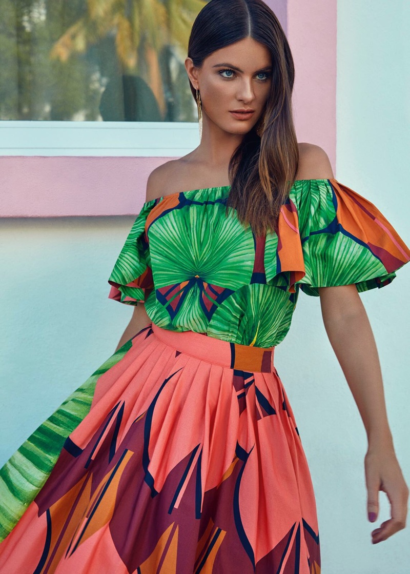 Wearing an off-the-shoulder dress, Isabeli Fontana fronts Agua de Coco's summer 2018 campaign