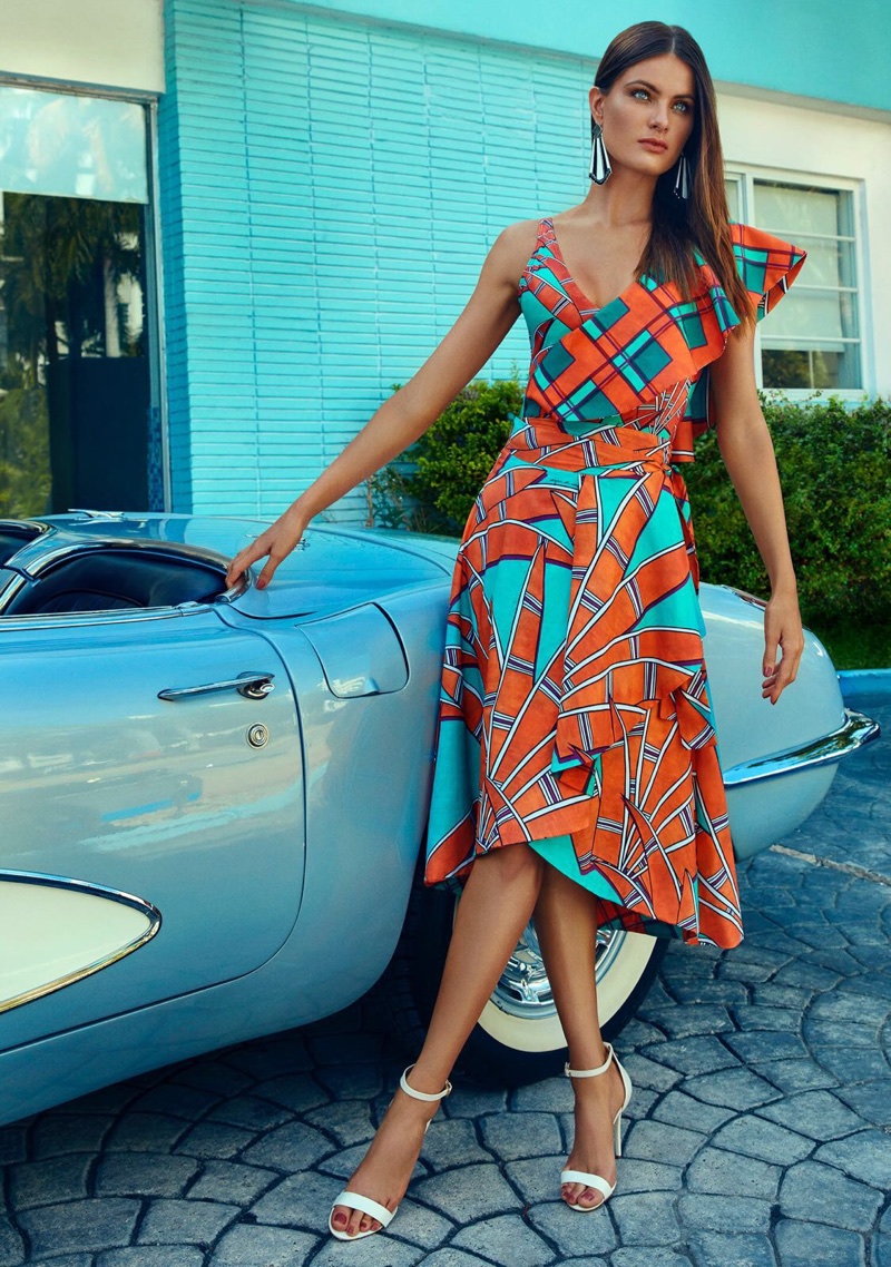 Isabeli Fontana models printed dress for Agua de Coco’s summer 2018 campaign
